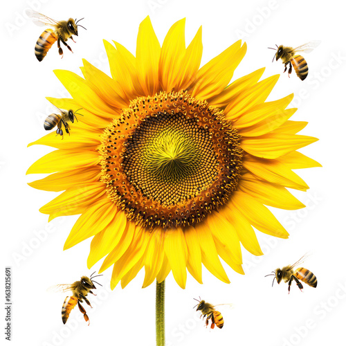 A sunflower with bees buzzing around it. full length isolate on transparent background
