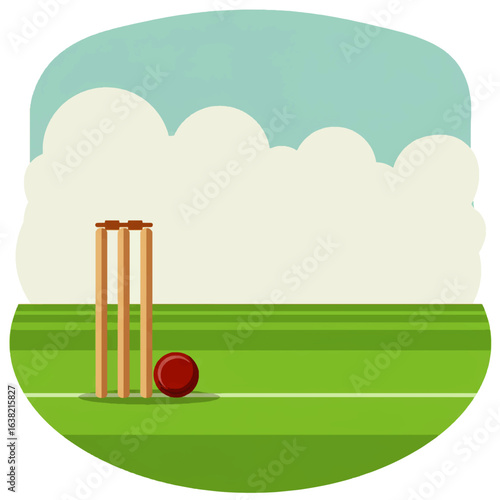 Cricket wickets and ball on a green field, idyllic scene.