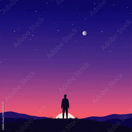 Silhouette of a person standing on a hilltop at sunset, gazing at a starry night sky.