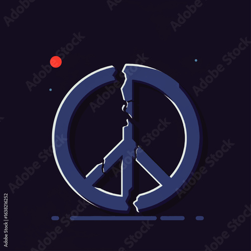 A fractured peace symbol, representing broken harmony and discord against a dark background.
