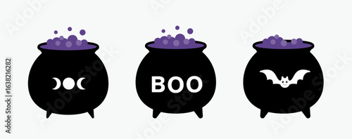 Set of witch's potion cauldron bubbling with boiling water.
Halloween Witch cauldron flat vector illustration.
