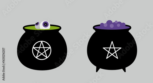 Set of witch's potion cauldron decorated with star patterns.
Halloween Witch cauldron flat vector illustration.