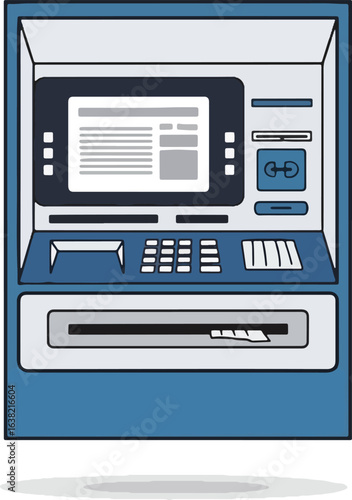 Front view illustration of a blue ATM machine dispensing cash from its slot.