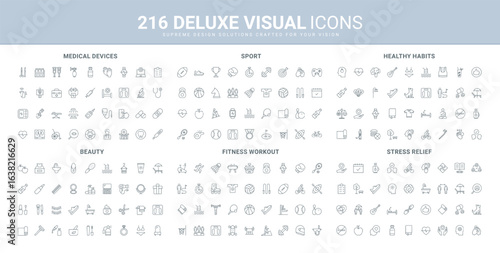 Active exercises and fitness in gym, sports equipment and medical devices to check health line icon set. Healthy lifestyle, support and help in stress thin black outline symbols vector illustration