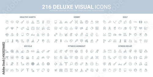 Sports training in gym and outdoors, playing golf, healthy lifestyle and mindset, hobby line icon set. Help, support and stress relief, bike equipment thin black outline symbols vector illustration