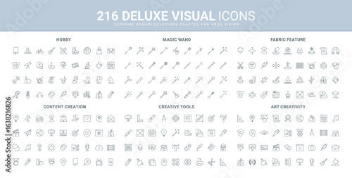 Art content creation process, graphic design tool and authors portfolio, different magic wands line icon set. Hobby creativity and games, fabric features thin black outline symbols vector illustration
