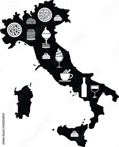 Map of italy filled with icons representing italian food and culture