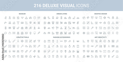 Creative tools of artist design, urban building and infrastructure, fashion accessory line icon set. Sign and tickets of museum, cosmetics and makeup thin black outline symbols vector illustration