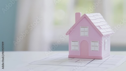 Pink toy house rests on architectural plans