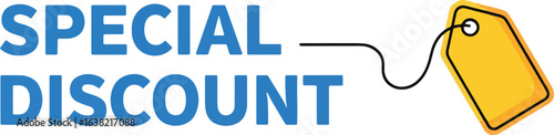 Blue 'Special Discount' text with a yellow price tag attached by a string on a white background.