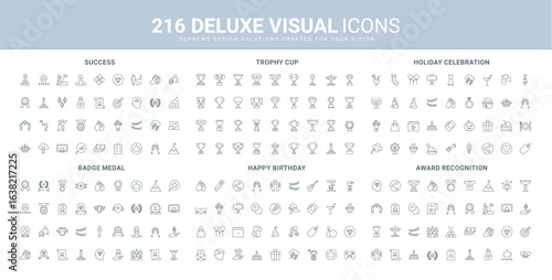 Success award of winner, stars and cup of prize reward, happy birthday celebration line icon set. Honor and recognition of professional growth, party thin black outline symbols vector illustration