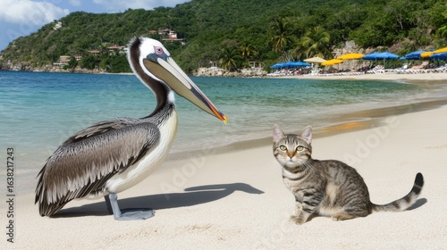 Pelican stands near small cat on sunny beach with blue ocean and green hills
