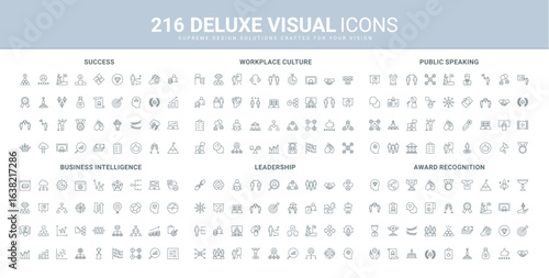 Award recognition, leadership, office culture line icon set. Public speech and presentation of artist and leader, money and bonuses, reward for success thin black outline symbols vector illustration