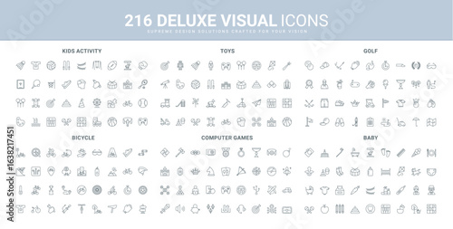 Kids activity and toys, sport and leisure, bike racing line icon set. Gamer awards, genres in computer games, golf tournament, equipment of baby care thin black outline symbols vector illustration