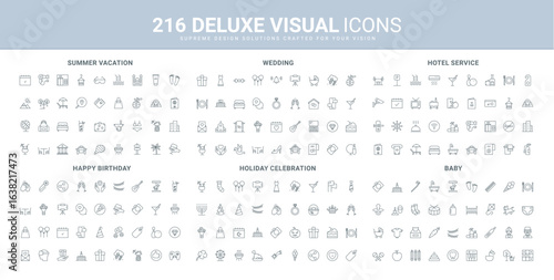 Hotel hospitality for vacation and travel, baby equipment line icon set. Bed and breakfast, restaurant food, entertainment and fun event, birthday party thin black outline symbols vector illustration