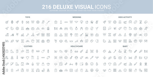 Kids sport and hobby activity, toys and baby care items, wedding invitation, fashion clothes line icon set. Healthcare and marriage, apparel collection thin black outline symbols vector illustration