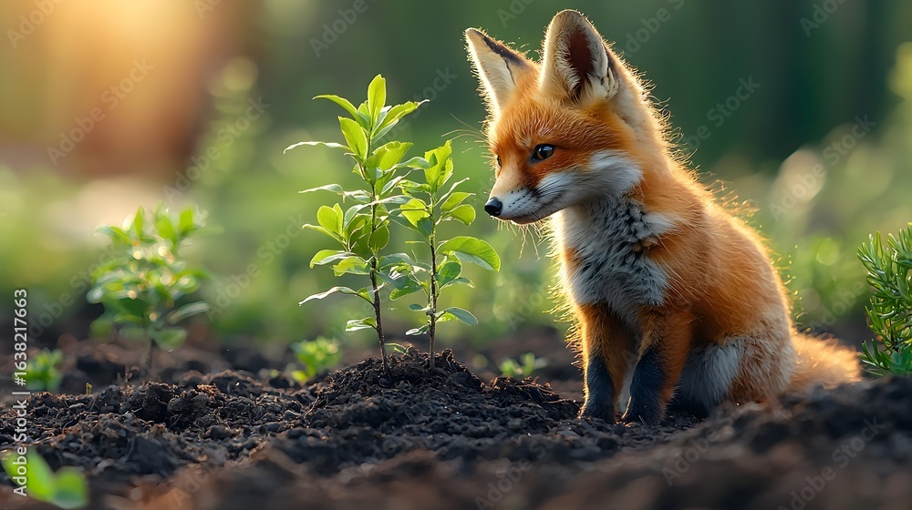 Fototapeta premium A curious fox planting a sapling in the forest