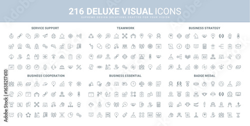 Business essential, strategy and organization, teamwork cooperation, development and growth line icon set. Customer support, call center, success trophy thin black outline symbols vector illustration