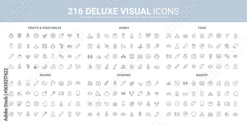 Food and drink menu, bakery and cake baking in kitchen, healthy grocery store products, honey production line icon set. Farm tools and harvest, shop thin black outline symbols vector illustration