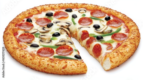 Pepperoni pizza sits ready to share with toppings like mushrooms olives and green peppers on crispy crust