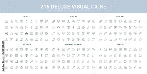 Food of grocery store, bakery products, lab biotech test, DNA and medical research line icon set. Nature, chefs tool for cooking, honey and apiary thin black outline symbols vector illustration