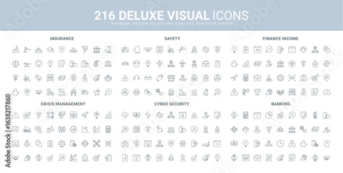 Deposit, car and home insurance, vision of hazards, contact and crisis risks line icon set. Financial income, cybersecurity, maintenance worker safety thin black outline symbols vector illustration