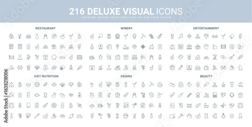 Entertainment and restaurant food, diet nutrition for weight loss line icon set. Beauty skincare, movie cinema and theater tickets, luxury wine and drinks thin black outline symbol vector illustration