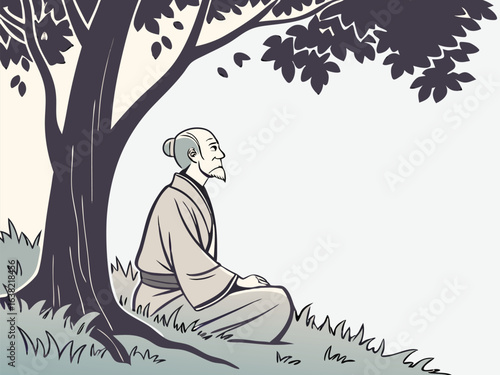 Cartoon vector illustration of a woman in a pink shirt meditating in the lotus position in the park