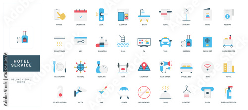 Hotel accommodation for holidays and vacations, room service, bar and restaurant location color icon set. TV and swimming pool, bowling and gym, parking and dining menu flat vector illustration