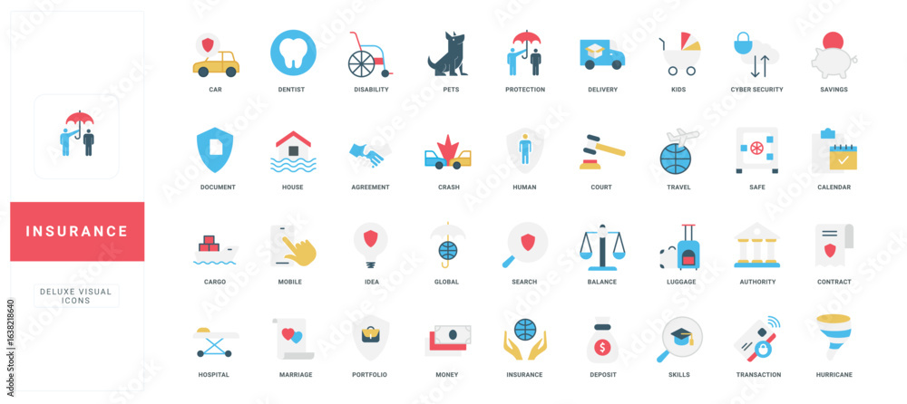 Fototapeta premium Insurance and protection of health and life, home, finance savings and travel color icon set. Contract and insurance policy protect against risks of accidents and disability flat vector illustration