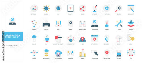 Information technology, cloud data system and computer network, server color icon set. Process administration and support, application and software settings, smart solutions flat vector illustration