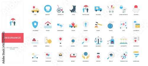 Insurance and protection of health and life, home, finance savings and travel color icon set. Contract and insurance policy protect against risks of accidents and disability flat vector illustration