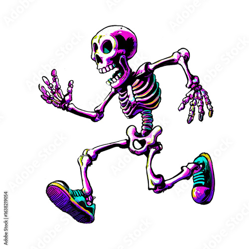 A cool, running cartoon skeleton in sneakers, drawn with vibrant, psychedelic colors. This energetic illustration is perfect for modern t-shirts and stickers.