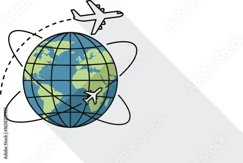 An illustration of airplanes flying around the planet Earth, symbolizing global travel, tourism, and international aviation.