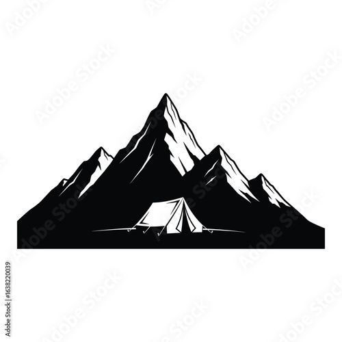 Camping Adventure under Majestic Mountains Black and White Vector Graphic for Outdoor Enthusiasts and Nature Lovers Promoting Exploration and Wilderness Getaways