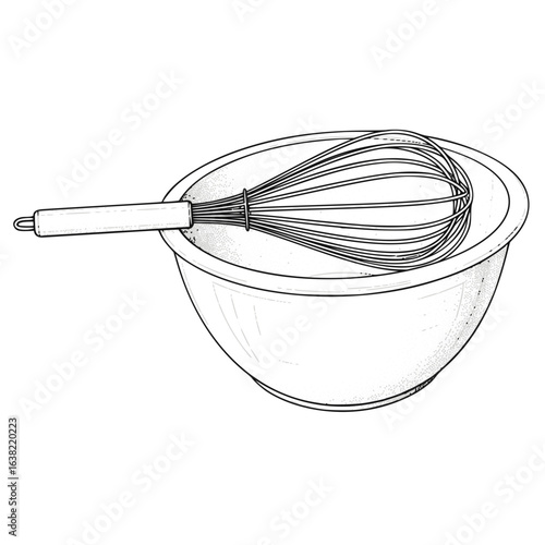Mixing bowl and whisk, line art illustration, monochrome, for recipe blogs