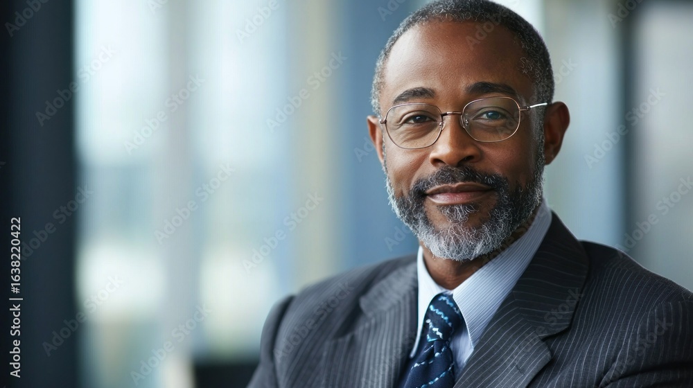 Fototapeta premium A confident, middle-aged African American businessman with a beard, wearing a suit and tie, smiling warmly in an office setting.