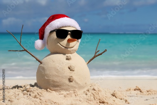 Fototapeta Naklejka Na Ścianę i Meble -  A sand snowman wearing a santa hat and sunglasses on a tropical beach