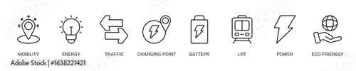 E-Mobility Line Icon Set For Web Banner. Vector Illustration Concept With Some Icons. Designed In Line Style