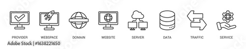 Web Hosting Line Icon Set For Web Banner. Vector Illustration Concept With Some Icons. Designed In Line Style