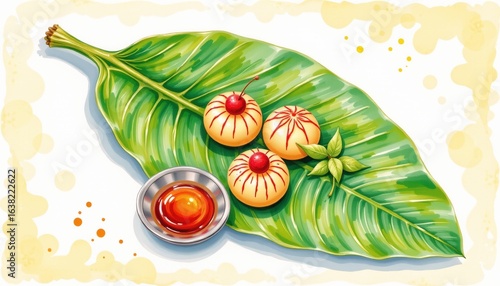 watercolor depiction of banana leaf and sweets, indian tradition, no people