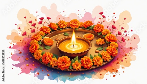 watercolor marigold garland in pooja thali, no people
