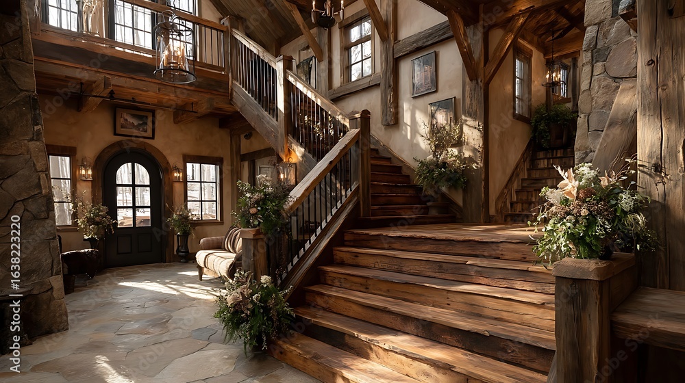Fototapeta premium Grand entryway with arched windows and wood stairs high resolution picture