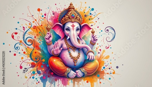 watercolor ganesha symbol with paisley, indian faith, no people