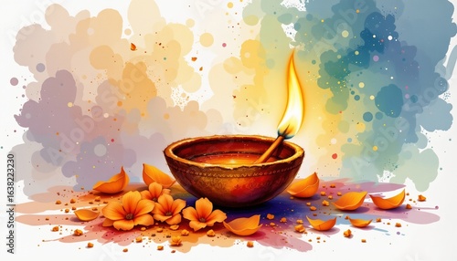 watercolor diya flame and marigold petals, indian belief, no people
