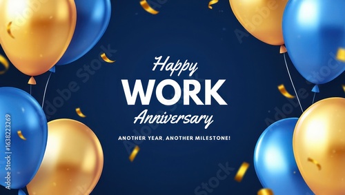 Celebratory work anniversary with blue and gold balloons