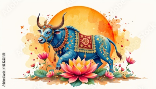 watercolor nandi bull and lotus, indian motif, no people