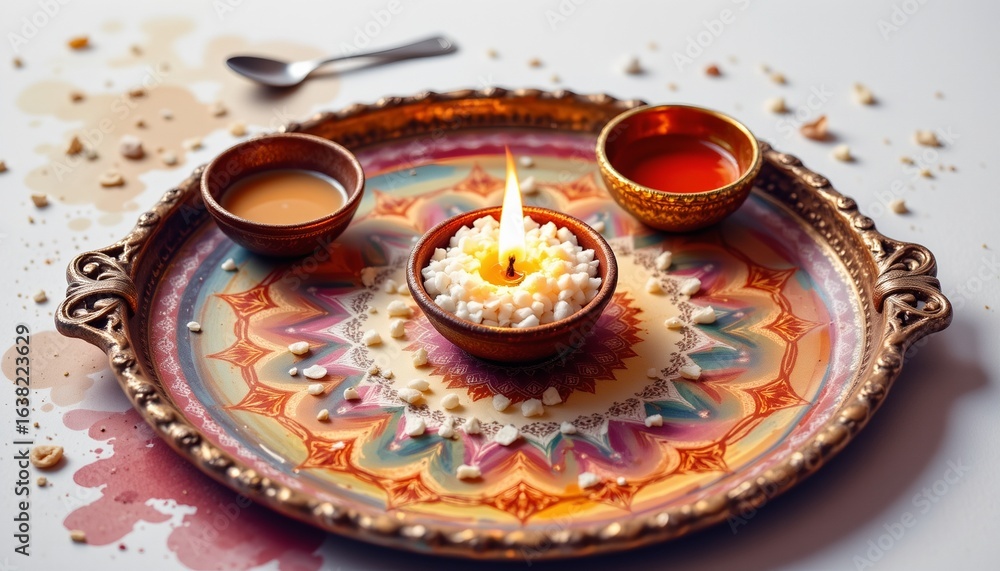 custom made wallpaper toronto digitalwatercolor pooja tray with diya and rice, indian tradition, no people