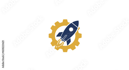 A blue rocket with yellow exhaust flames launches upwards through the center of a yellow gear.