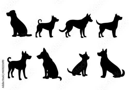 Set of black dog silhouettes in various poses and breeds vector illustration